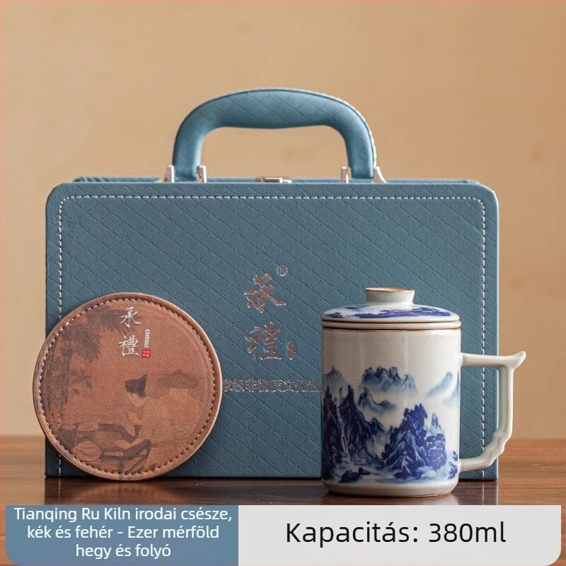 Ru Kiln porcelán teás pohár tea-víz elválasztóval, zöld tea elkészítéséhez, irodai és otthoni használatra, vállalati ajándék
