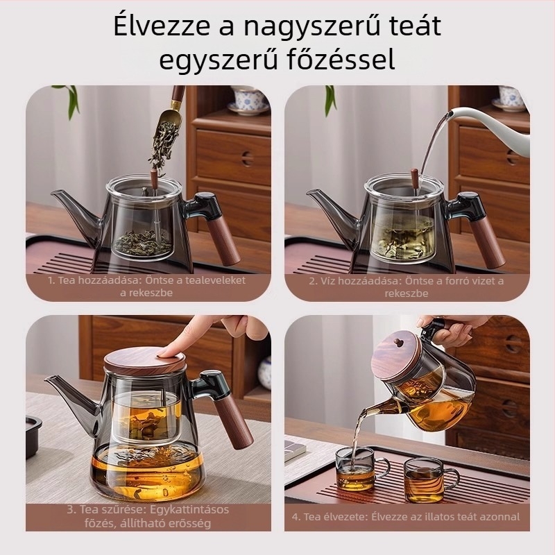 Üvegből készült teáskanna tea- és vízszétválasztó szűrővel, fa fogantyúval, irodai és otthoni használatra