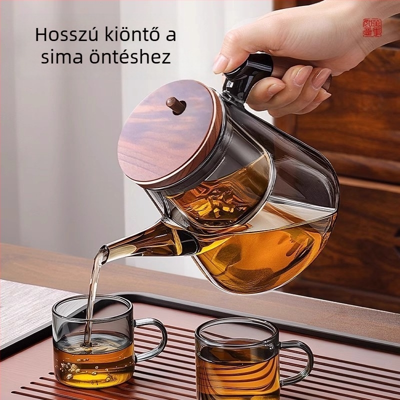 Üvegből készült teáskanna tea- és vízszétválasztó szűrővel, fa fogantyúval, irodai és otthoni használatra