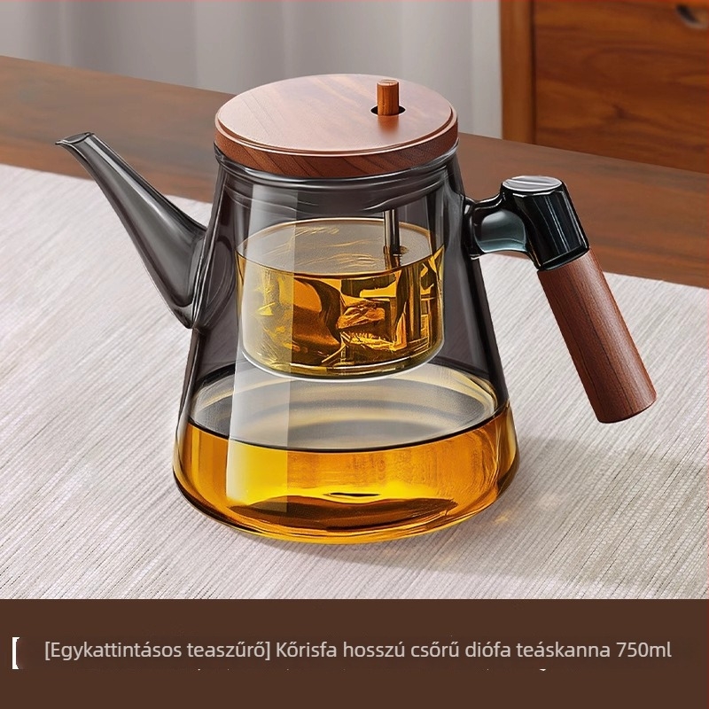 Üvegből készült teáskanna tea- és vízszétválasztó szűrővel, fa fogantyúval, irodai és otthoni használatra