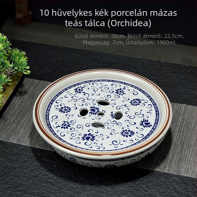 Új kínai stílusú celadon teátálca, kör alakú, kék-fehér porcelán Gongfu teáskészlet, vintage máz