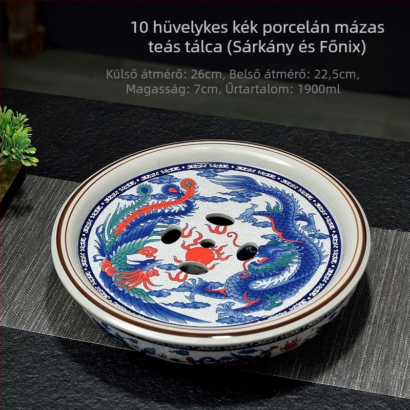 Új kínai stílusú celadon teátálca, kör alakú, kék-fehér porcelán Gongfu teáskészlet, vintage máz