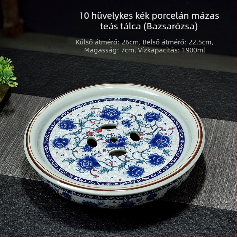 Új kínai stílusú celadon teátálca, kör alakú, kék-fehér porcelán Gongfu teáskészlet, vintage máz