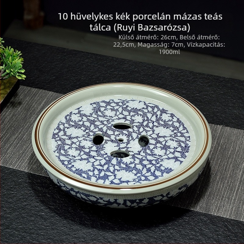 Új kínai stílusú celadon teátálca, kör alakú, kék-fehér porcelán Gongfu teáskészlet, vintage máz