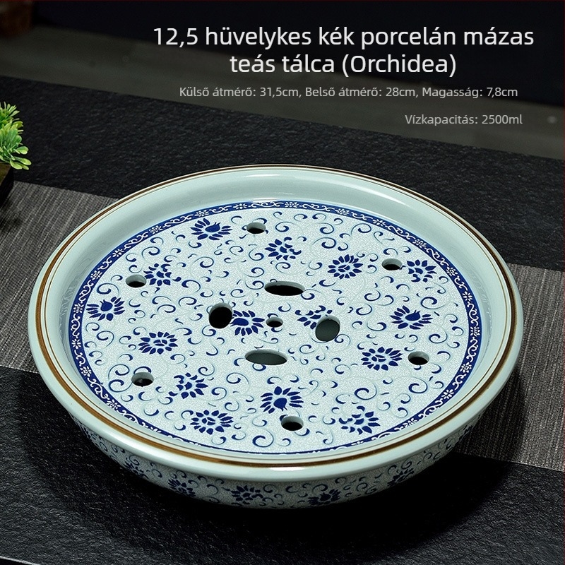 Új kínai stílusú celadon teátálca, kör alakú, kék-fehér porcelán Gongfu teáskészlet, vintage máz