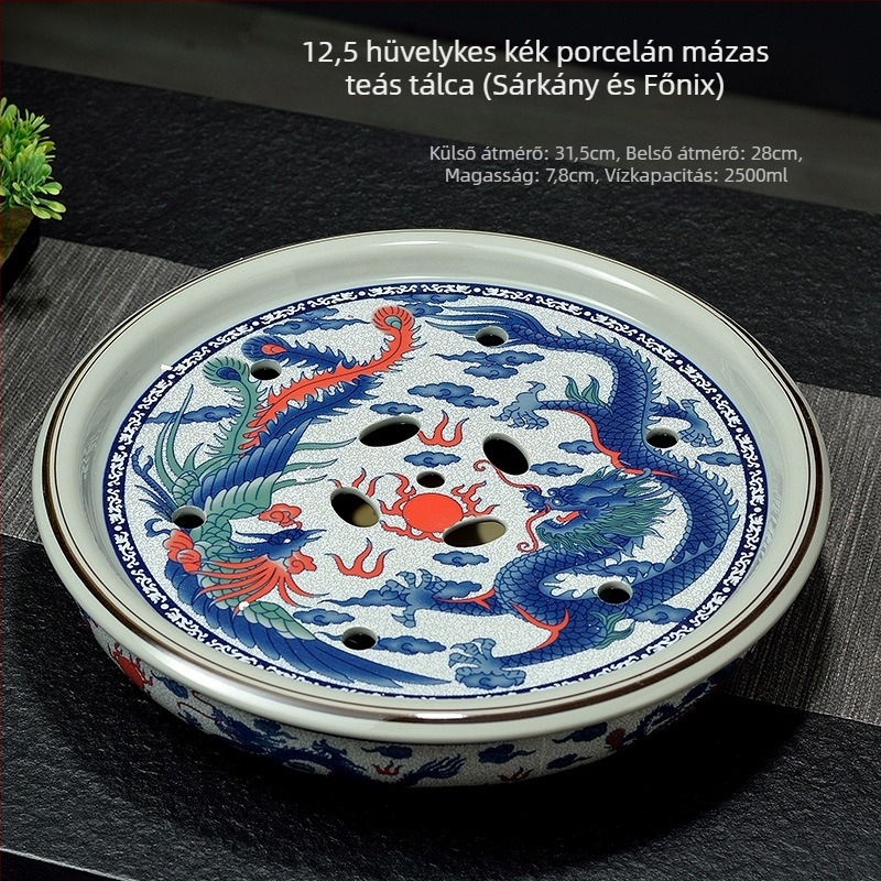Új kínai stílusú celadon teátálca, kör alakú, kék-fehér porcelán Gongfu teáskészlet, vintage máz