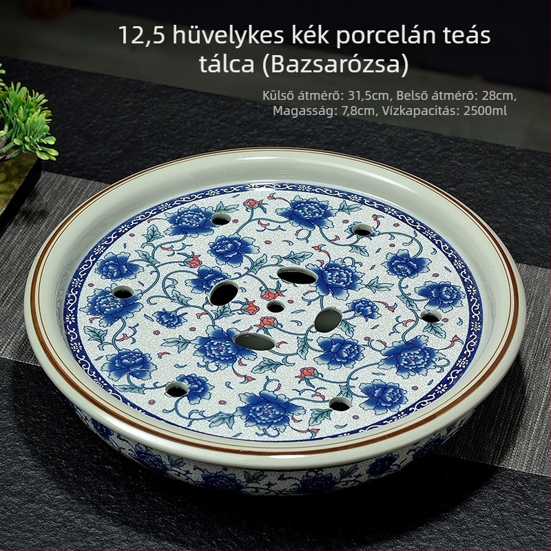 Új kínai stílusú celadon teátálca, kör alakú, kék-fehér porcelán Gongfu teáskészlet, vintage máz