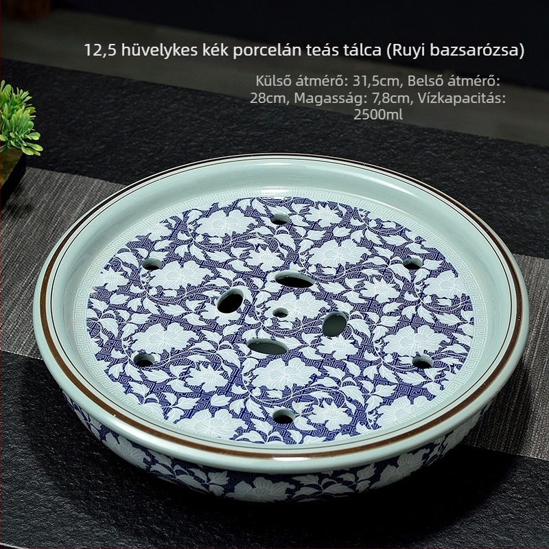 Új kínai stílusú celadon teátálca, kör alakú, kék-fehér porcelán Gongfu teáskészlet, vintage máz
