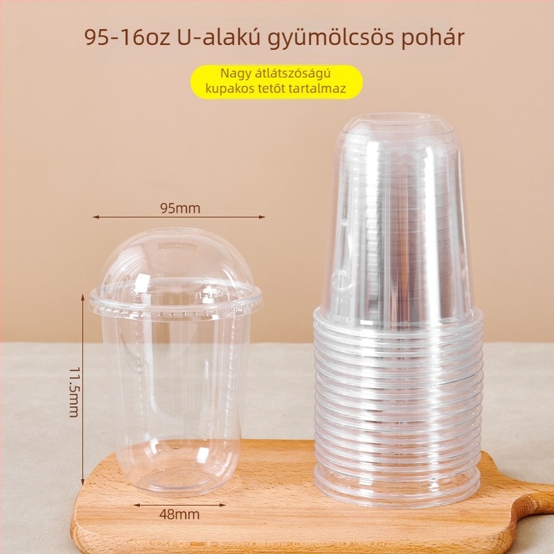 Egyszer használatos, átlátszó gyümölcspohár fedéllel, nagy átmérőjű, kör alakú gyümölcsdarabokkal és milkshake-hez