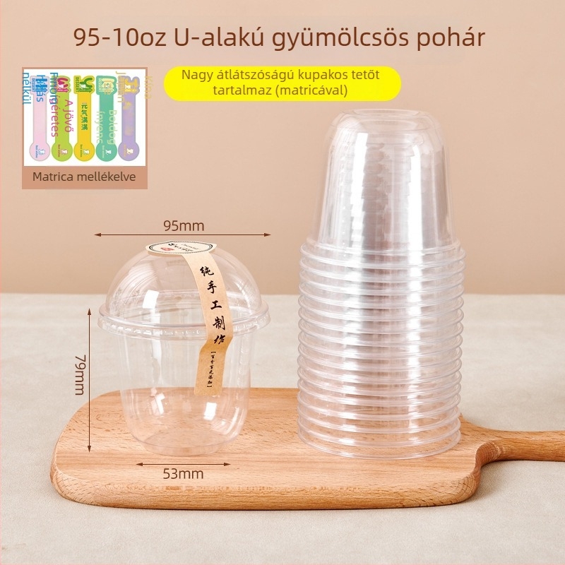 Egyszer használatos, átlátszó gyümölcspohár fedéllel, nagy átmérőjű, kör alakú gyümölcsdarabokkal és milkshake-hez