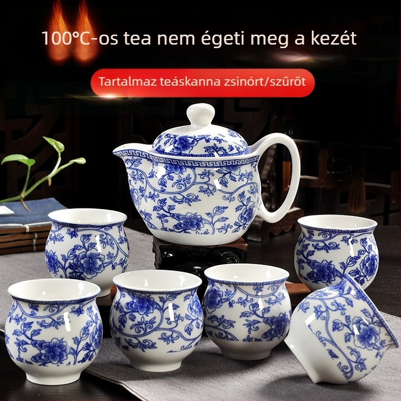 Jingdezhen Kung-Fu kerámia teáskészlet – kék-fehér porcelán, teáskanna és teáscsészék, teljes otthoni készlet, hőálló csészékkel