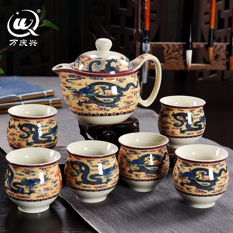 Jingdezhen Kung-Fu kerámia teáskészlet – kék-fehér porcelán, teáskanna és teáscsészék, teljes otthoni készlet, hőálló csészékkel