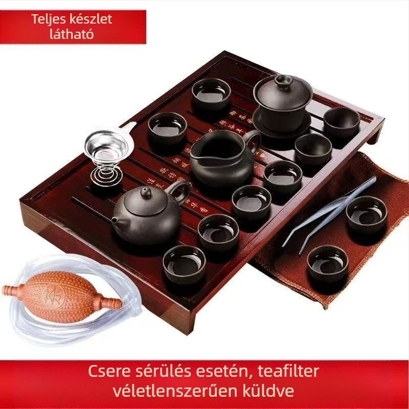 Zisha (Yixing) teáskészlet otthonra és irodába – kerámia teáscsészék, teáskanna, vízforraló, Kung Fu tea ceremónia, tömörfa teás tálca