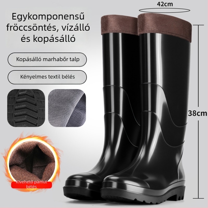 Férfiaknak készült magas szárú esőcsizma, vízálló, csúszásmentes, fleece bélés, PVC talppal