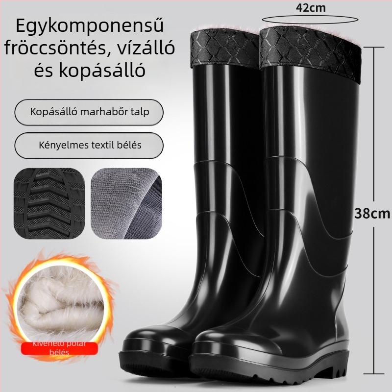 Férfiaknak készült magas szárú esőcsizma, vízálló, csúszásmentes, fleece bélés, PVC talppal