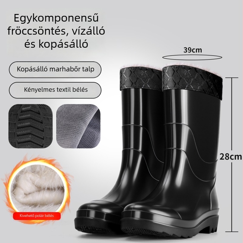Férfiaknak készült magas szárú esőcsizma, vízálló, csúszásmentes, fleece bélés, PVC talppal