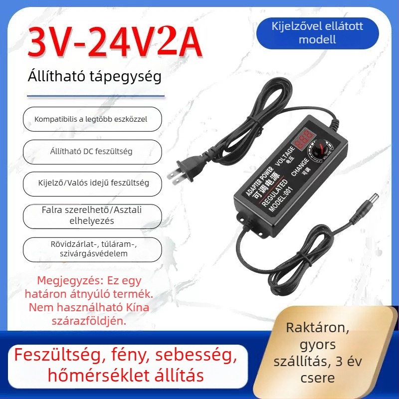 Szabályozható tápegység 3-12V/2A, 9-24V LED-szalaghoz és vízpumpa-motorhoz, állítható fordulatszám 3-24V