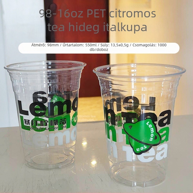 PET poharak citromos teahoz fedéllel, egyszer használatos, kereskedelmi felhasználásra, testreszabható logó