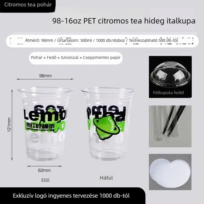 PET poharak citromos teahoz fedéllel, egyszer használatos, kereskedelmi felhasználásra, testreszabható logó