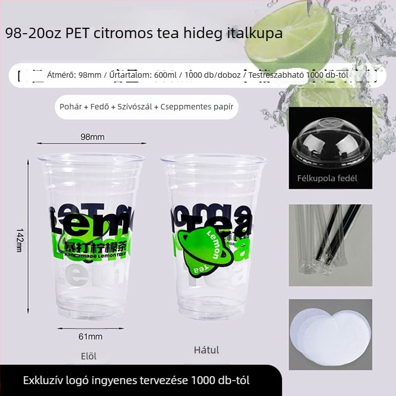 PET poharak citromos teahoz fedéllel, egyszer használatos, kereskedelmi felhasználásra, testreszabható logó