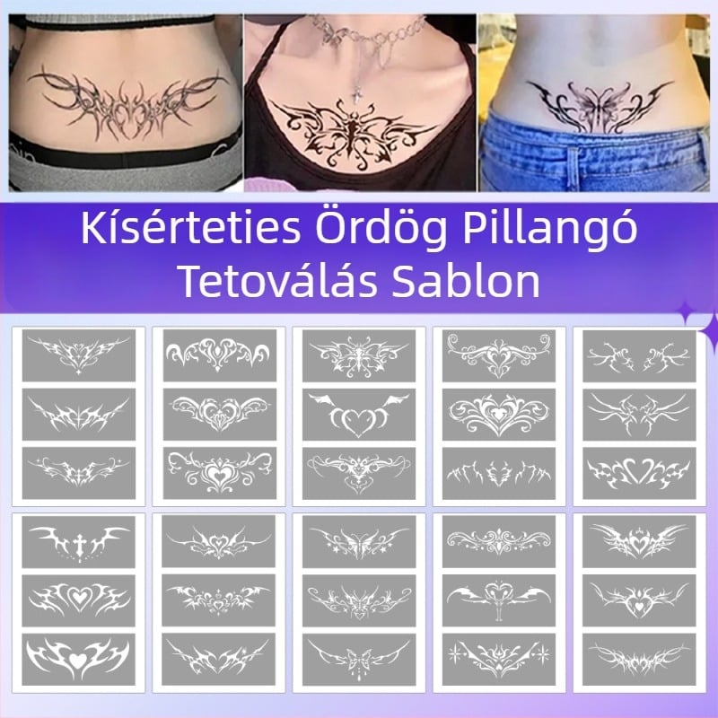 Szukkubusz üreges sablonnal, megnövelt permetezett tetoválás album — pillangó, szív, bőrhibák eltakarítása; kulcscsont, alsó hát, alsó has; uniszex