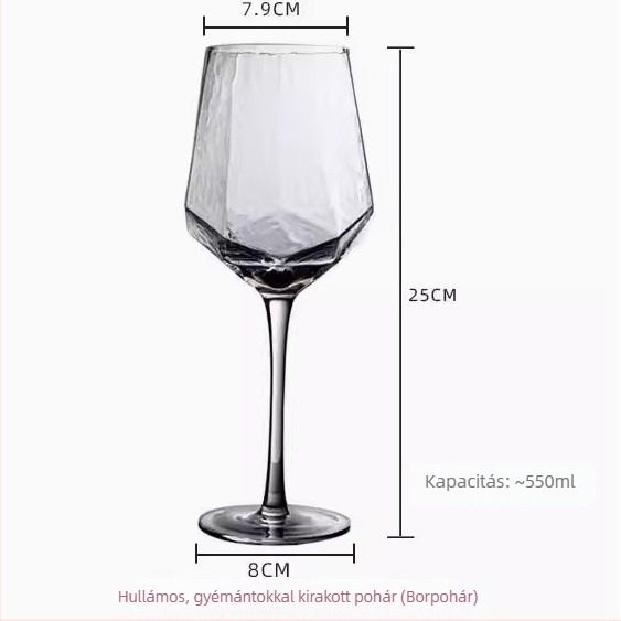 Gyémánttal díszített kristály vörösboros pohár, modern minimalist dizájn