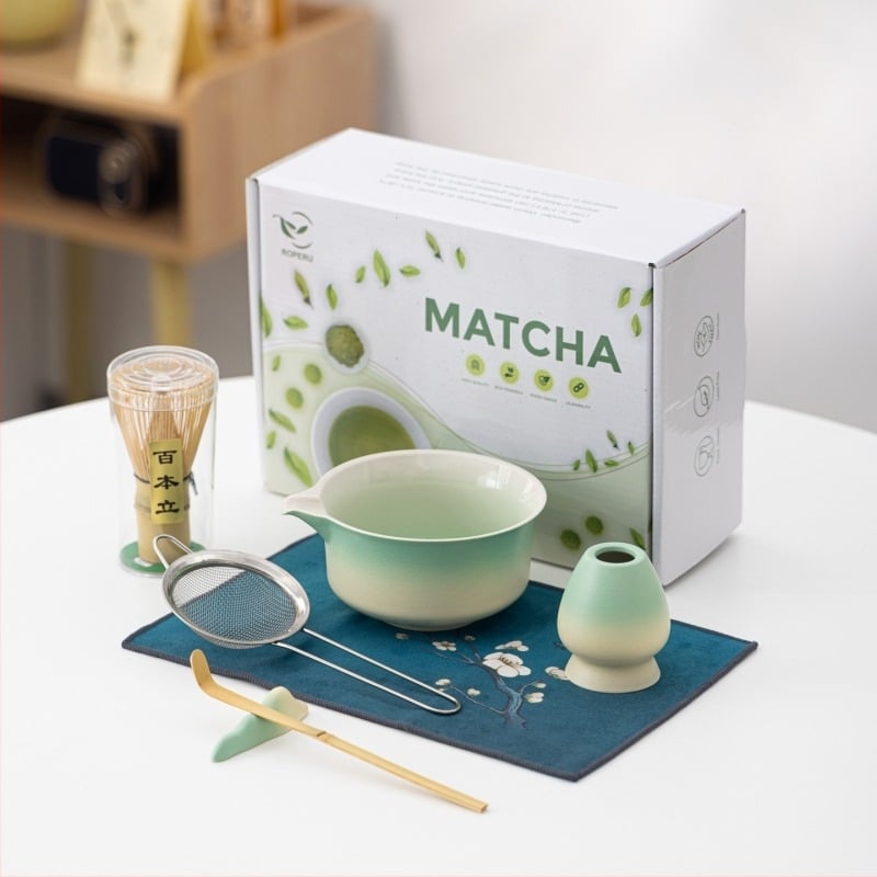 Új kínai stílusú gradientes matcha tál teakeverővel és habverővel, testreszabható kerámia