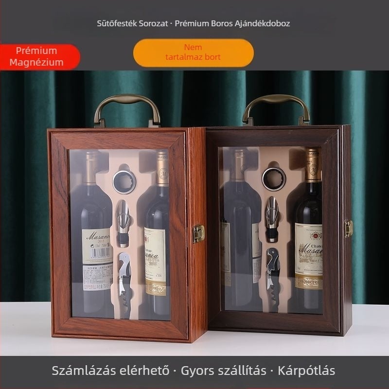 Két palackos lakkozott fa ajándékdoboz borhoz, fogantyúval (üres)