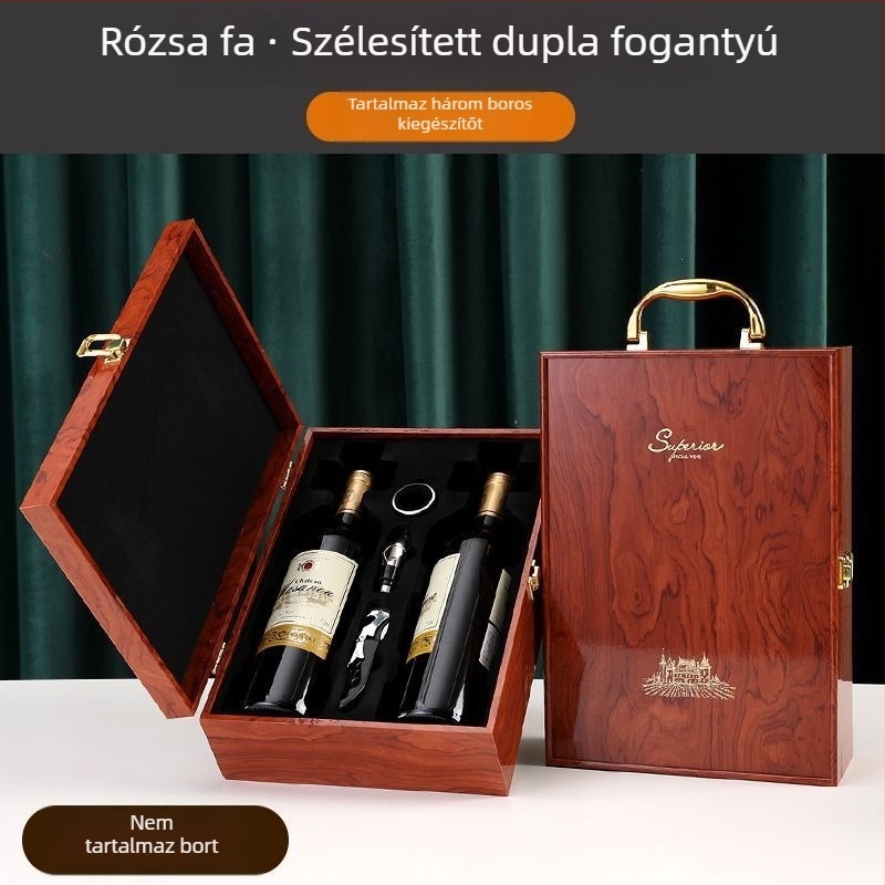 Két palackos lakkozott fa ajándékdoboz borhoz, fogantyúval (üres)