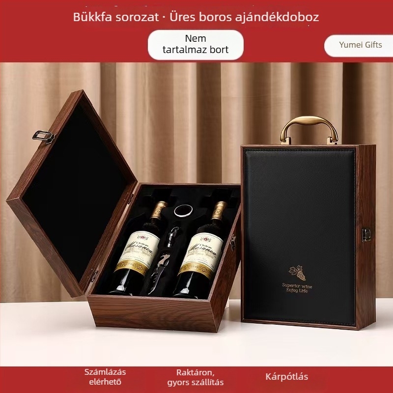 Két palackos lakkozott fa ajándékdoboz borhoz, fogantyúval (üres)
