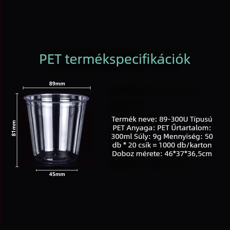 Egyszer használatos PET pohár tej-tea italhoz, U-formájú pohár, 90 mm átmérő