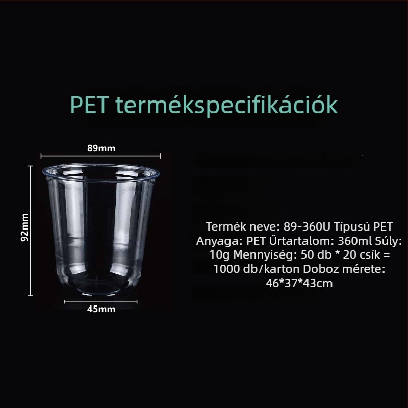 Egyszer használatos PET pohár tej-tea italhoz, U-formájú pohár, 90 mm átmérő
