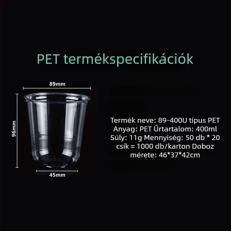 Egyszer használatos PET pohár tej-tea italhoz, U-formájú pohár, 90 mm átmérő