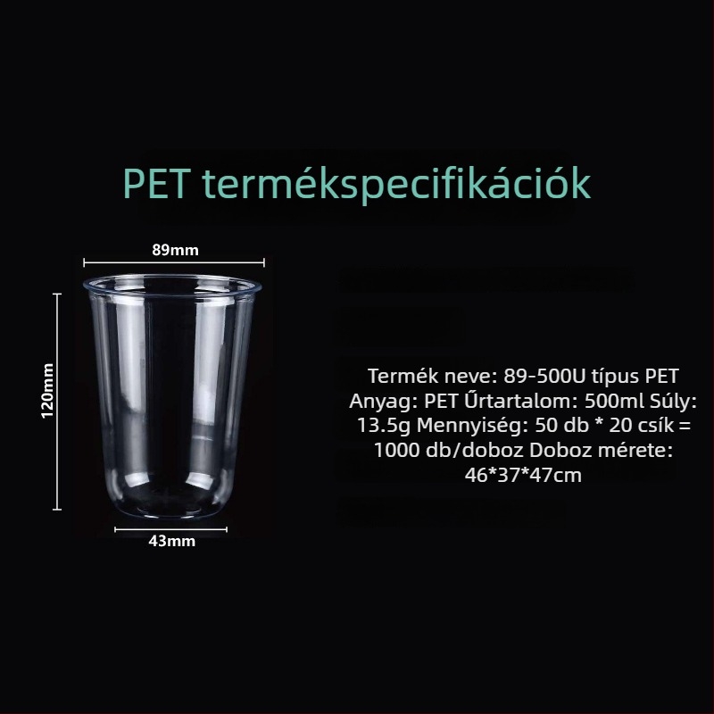Egyszer használatos PET pohár tej-tea italhoz, U-formájú pohár, 90 mm átmérő