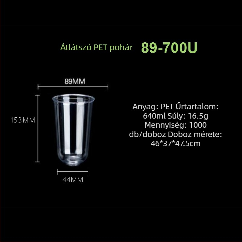 Egyszer használatos PET pohár tej-tea italhoz, U-formájú pohár, 90 mm átmérő