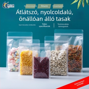 Átlátszó nyolc oldalú álló tasak, visszazárható, vastagított anyagból, snackek és diófélék csomagolására