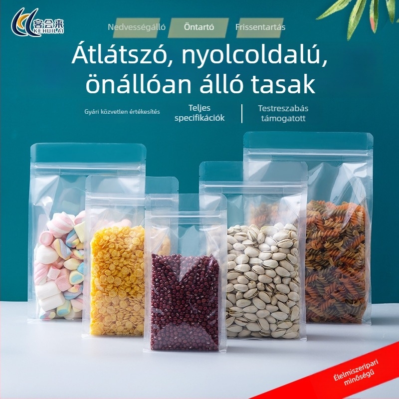 Átlátszó nyolc oldalú álló tasak, visszazárható, vastagított anyagból, snackek és diófélék csomagolására