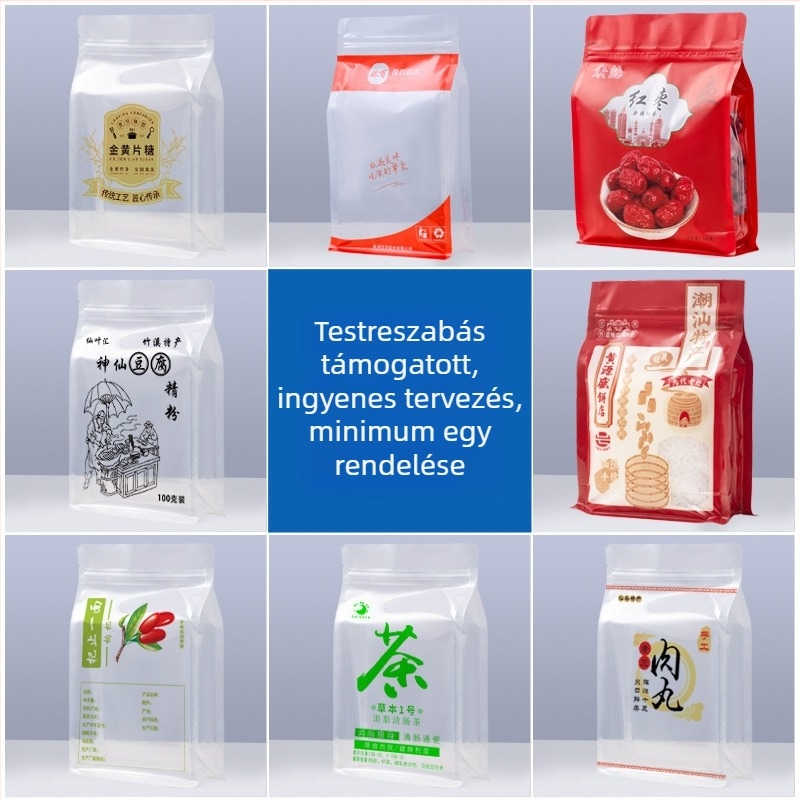 Átlátszó nyolc oldalú álló tasak, visszazárható, vastagított anyagból, snackek és diófélék csomagolására