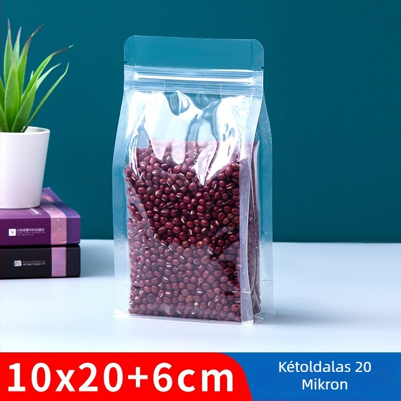 Átlátszó nyolc oldalú álló tasak, visszazárható, vastagított anyagból, snackek és diófélék csomagolására