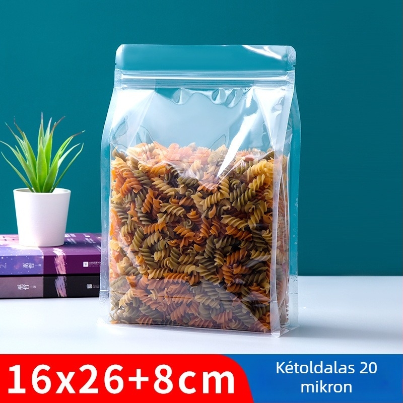 Átlátszó nyolc oldalú álló tasak, visszazárható, vastagított anyagból, snackek és diófélék csomagolására