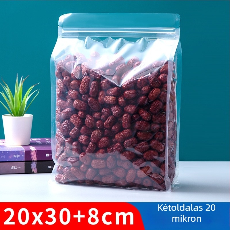 Átlátszó nyolc oldalú álló tasak, visszazárható, vastagított anyagból, snackek és diófélék csomagolására