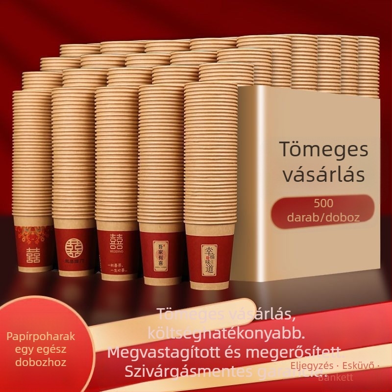 Piros, vastagított papír pohár esküvőkhöz, egyszer használatos, bankettekre és otthoni használatra