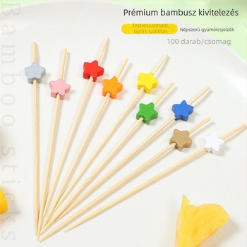 Egyszer használatos bambusz koktél-nyársak virág mintával, gyümölcs nyársak, ötágú csillag forma, 12 cm hosszú, 100 darab/csomag