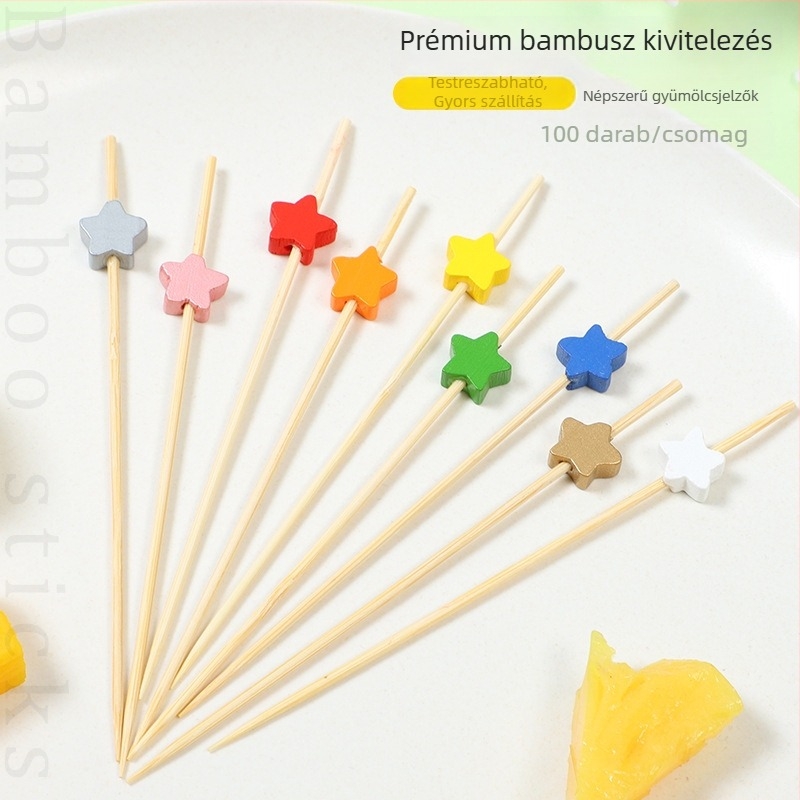 Egyszer használatos bambusz koktél-nyársak virág mintával, gyümölcs nyársak, ötágú csillag forma, 12 cm hosszú, 100 darab/csomag