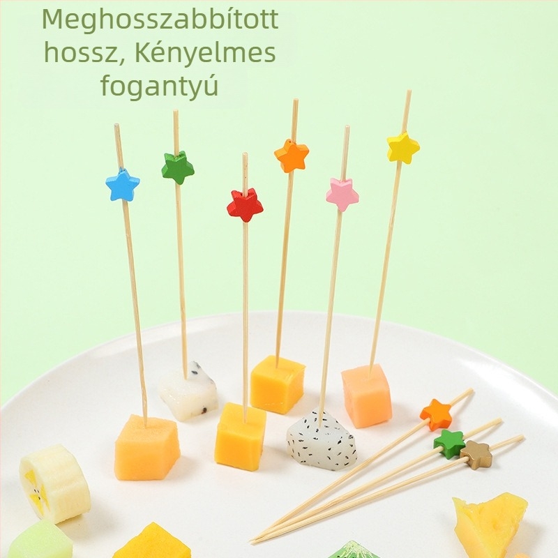 Egyszer használatos bambusz koktél-nyársak virág mintával, gyümölcs nyársak, ötágú csillag forma, 12 cm hosszú, 100 darab/csomag