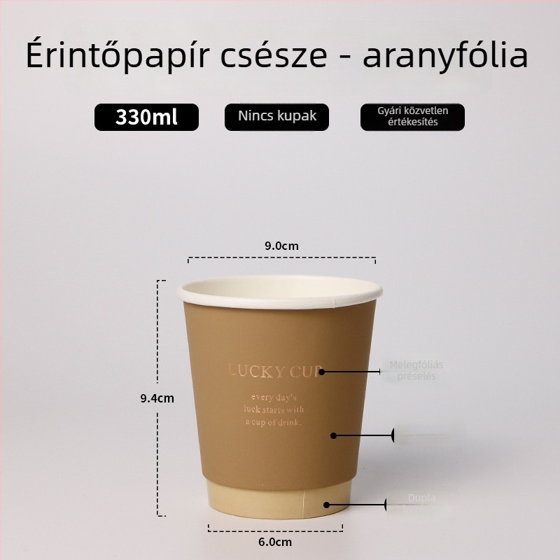 Egyszer használatos kávés pohár fedővel, arany nyomtatással a vastag papíron, 400 ml forró italokhoz