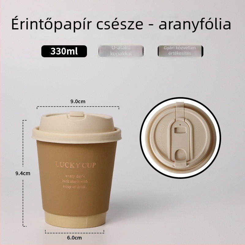 Egyszer használatos kávés pohár fedővel, arany nyomtatással a vastag papíron, 400 ml forró italokhoz