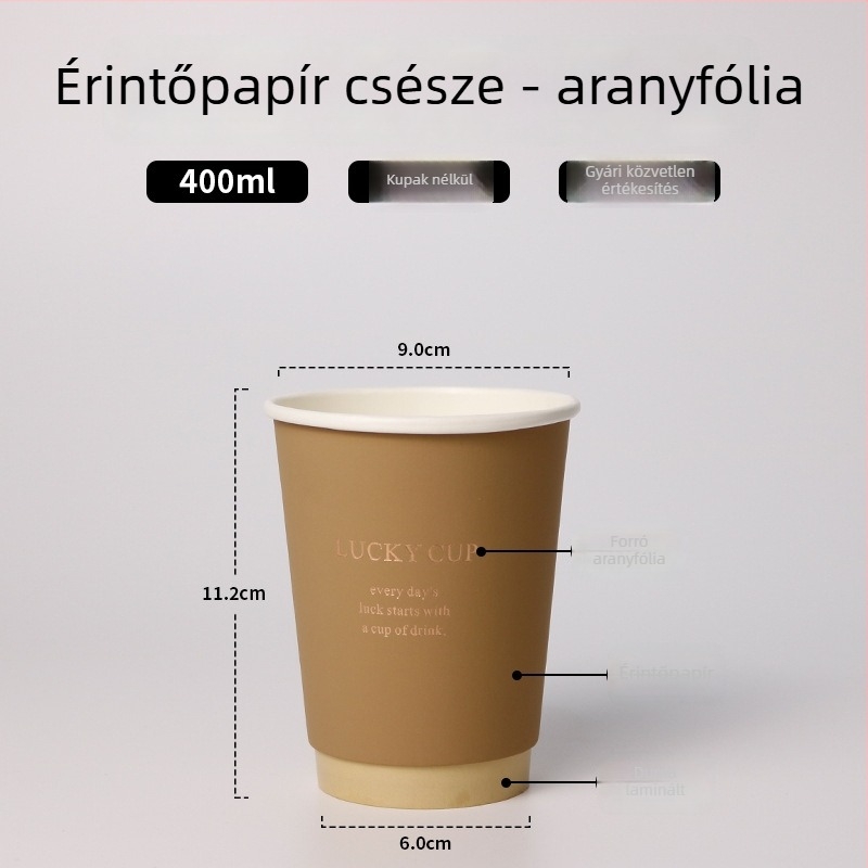Egyszer használatos kávés pohár fedővel, arany nyomtatással a vastag papíron, 400 ml forró italokhoz