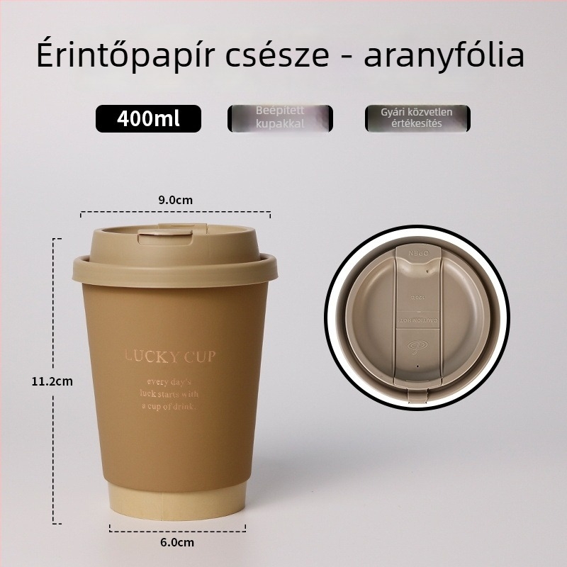 Egyszer használatos kávés pohár fedővel, arany nyomtatással a vastag papíron, 400 ml forró italokhoz