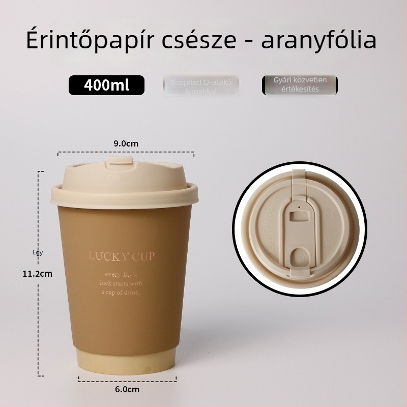 Egyszer használatos kávés pohár fedővel, arany nyomtatással a vastag papíron, 400 ml forró italokhoz
